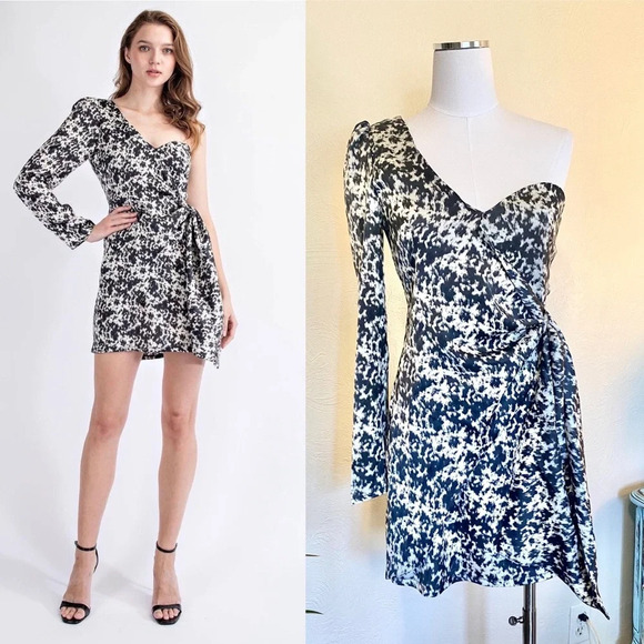 NWT One Shoulder, Faux Wrap, Side Tie Mini Cocktail Dress. Black & White, Small - Picture 3 of 8